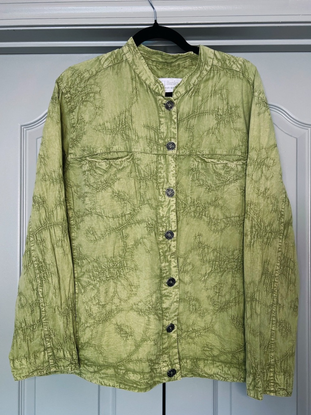 CJ Banks Embroidered Olive Green Jacket 1X Boho Cottagecore Button Lightweight